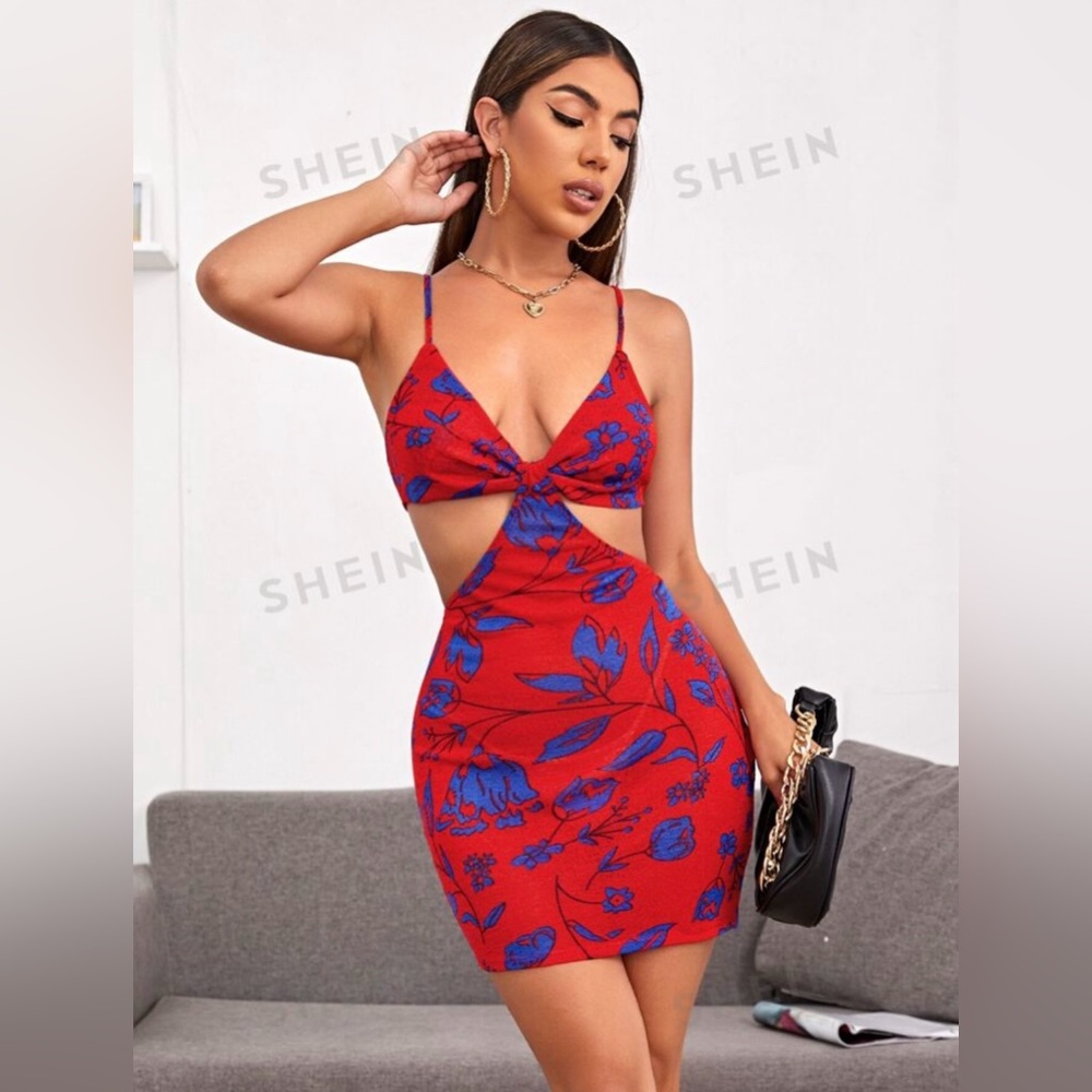 Red Bodycon Floral Cut Out Dress W Blue Flowers & Spaghetti Straps~ Size L ~ New